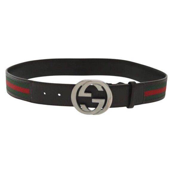 GUCCI Web Sherry Line Belt Leather 37"" Red Green 114984 Auth sw1387 - Picture 1 of 9